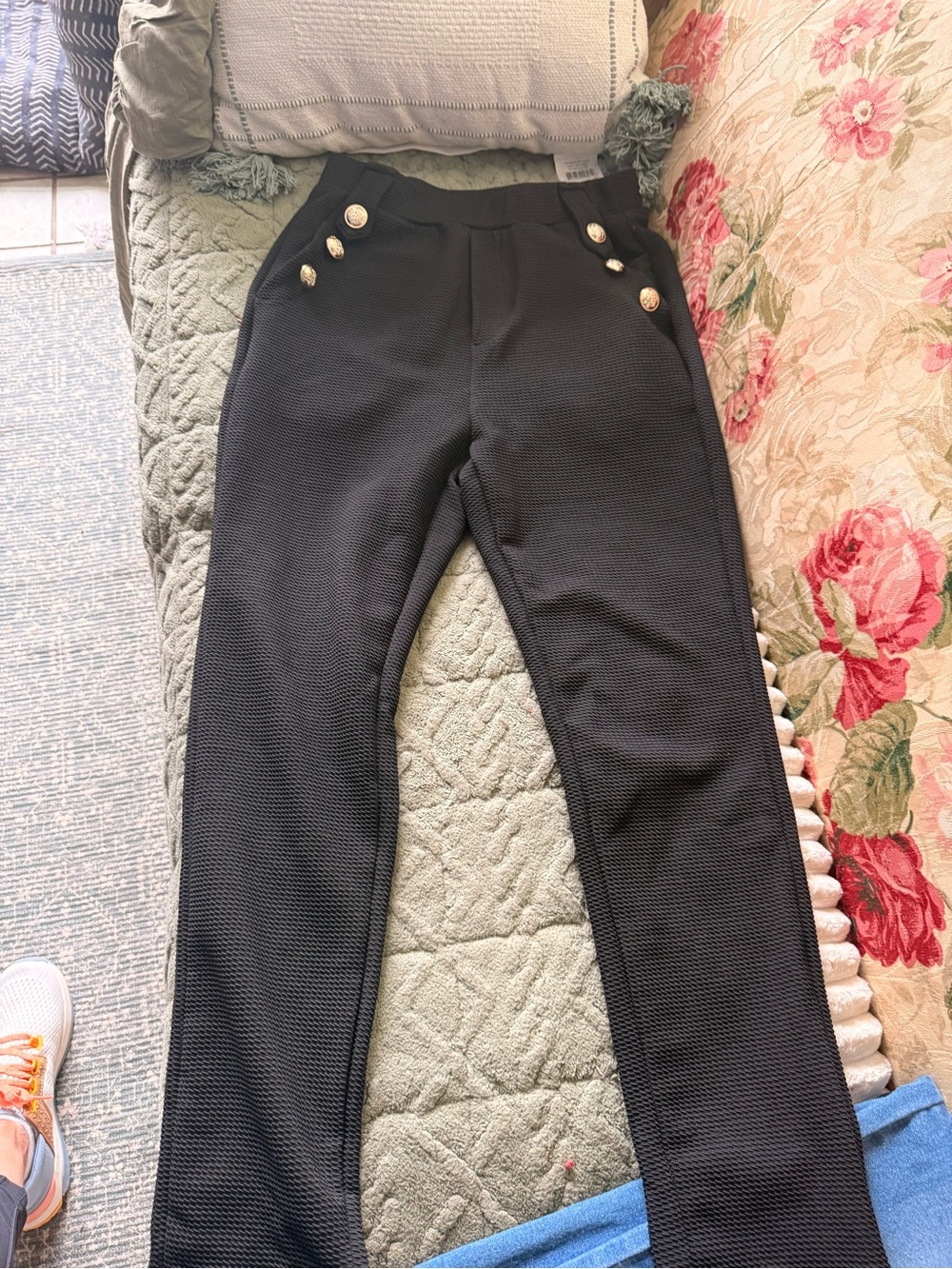 Black Straight Leg Ponte Pants with Gold Buttons